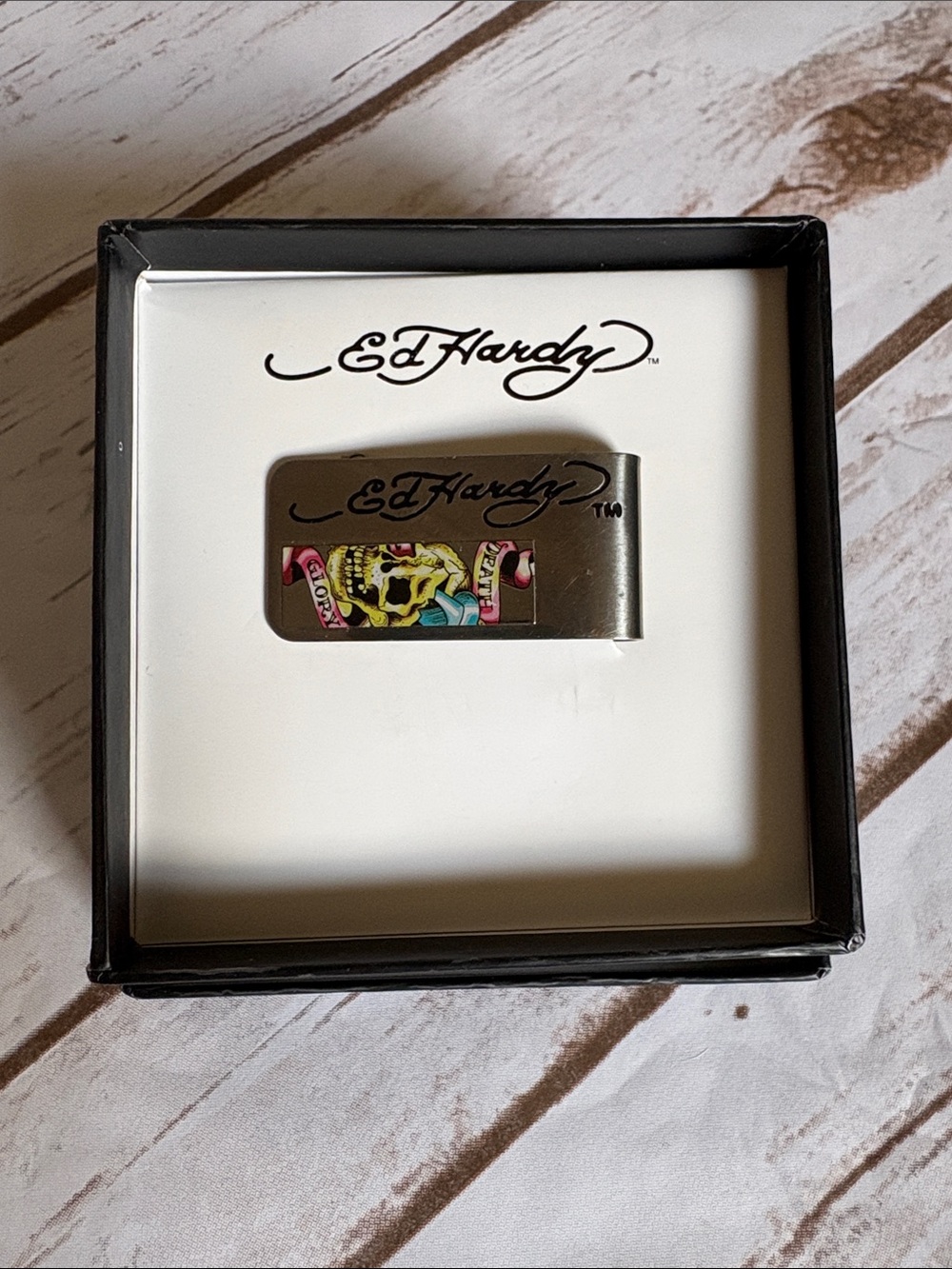 Ed Hardy Money Clip Death & GloryBlack in Original Box with Colorful Tattoo Art